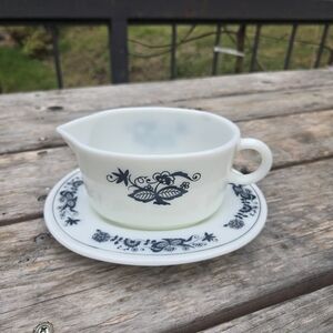 White Milk Glass Creamer and Saucer with Black Floral Motif